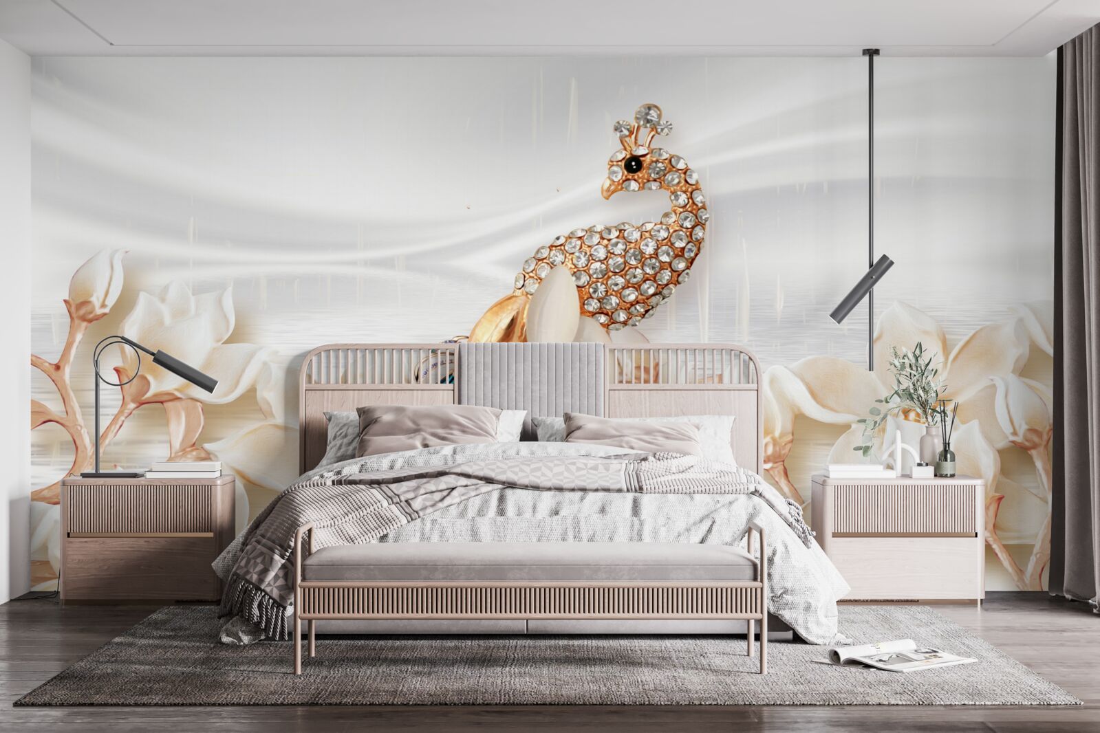 Papier peint paon doré sur fond de fleurs blanches