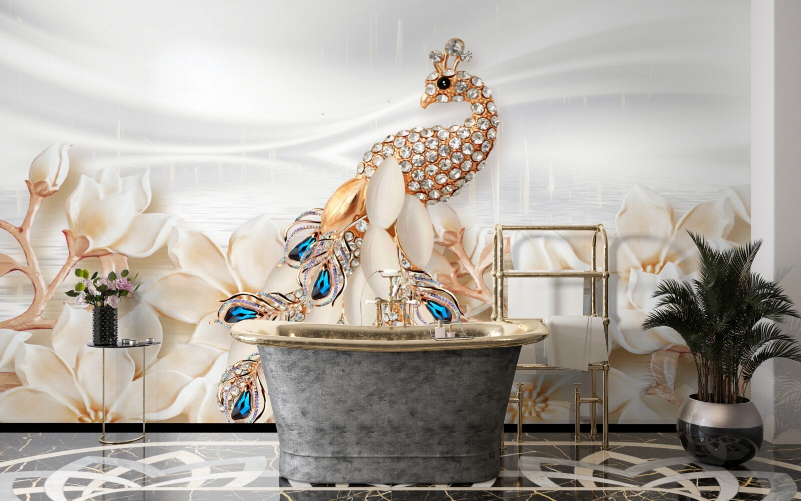 Papier peint paon doré sur fond de fleurs blanches