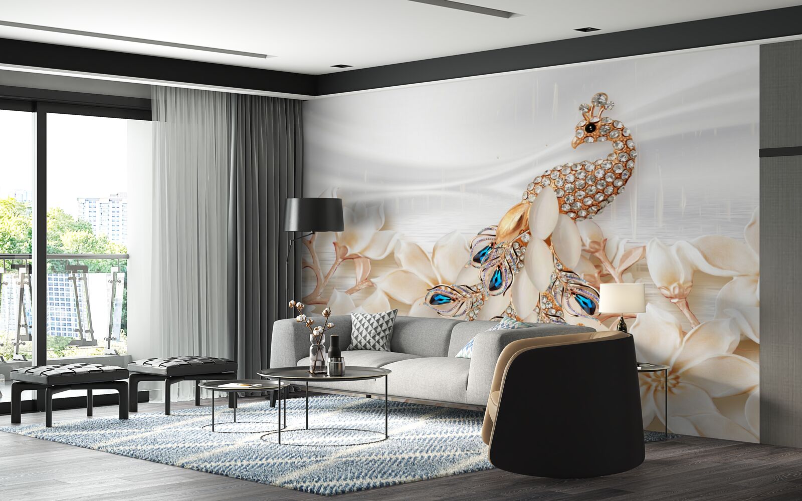 Papier peint paon doré sur fond de fleurs blanches