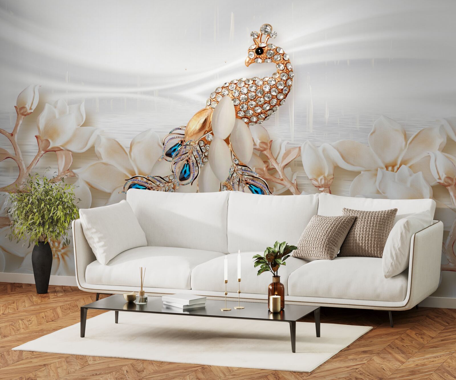 Papier peint paon doré sur fond de fleurs blanches