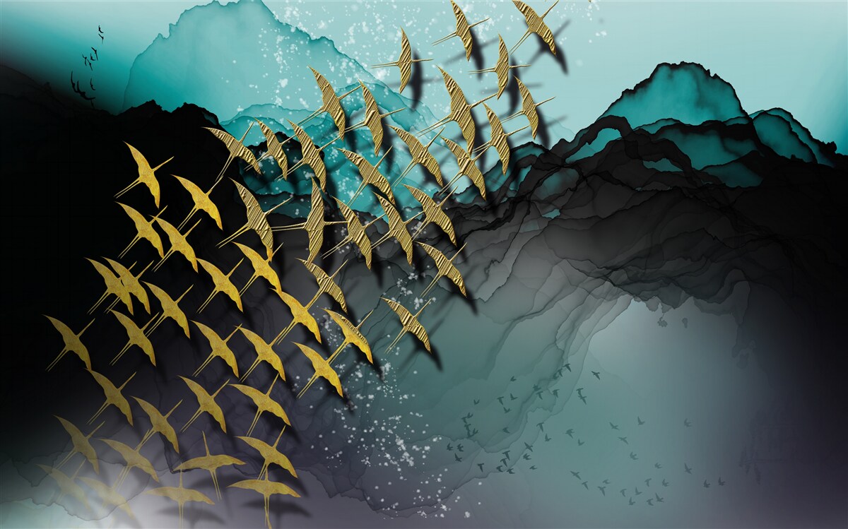 Papier peint groupe d'oiseaux volant au crépuscule