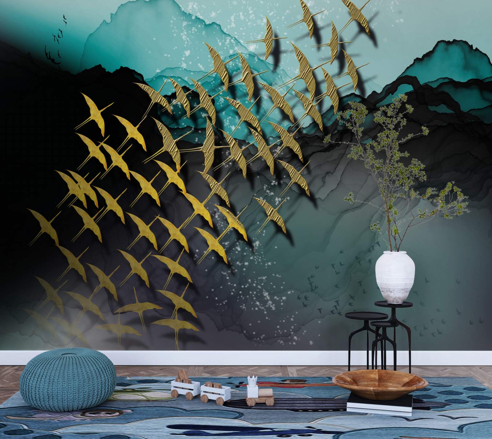 Papier peint groupe d'oiseaux volant au crépuscule