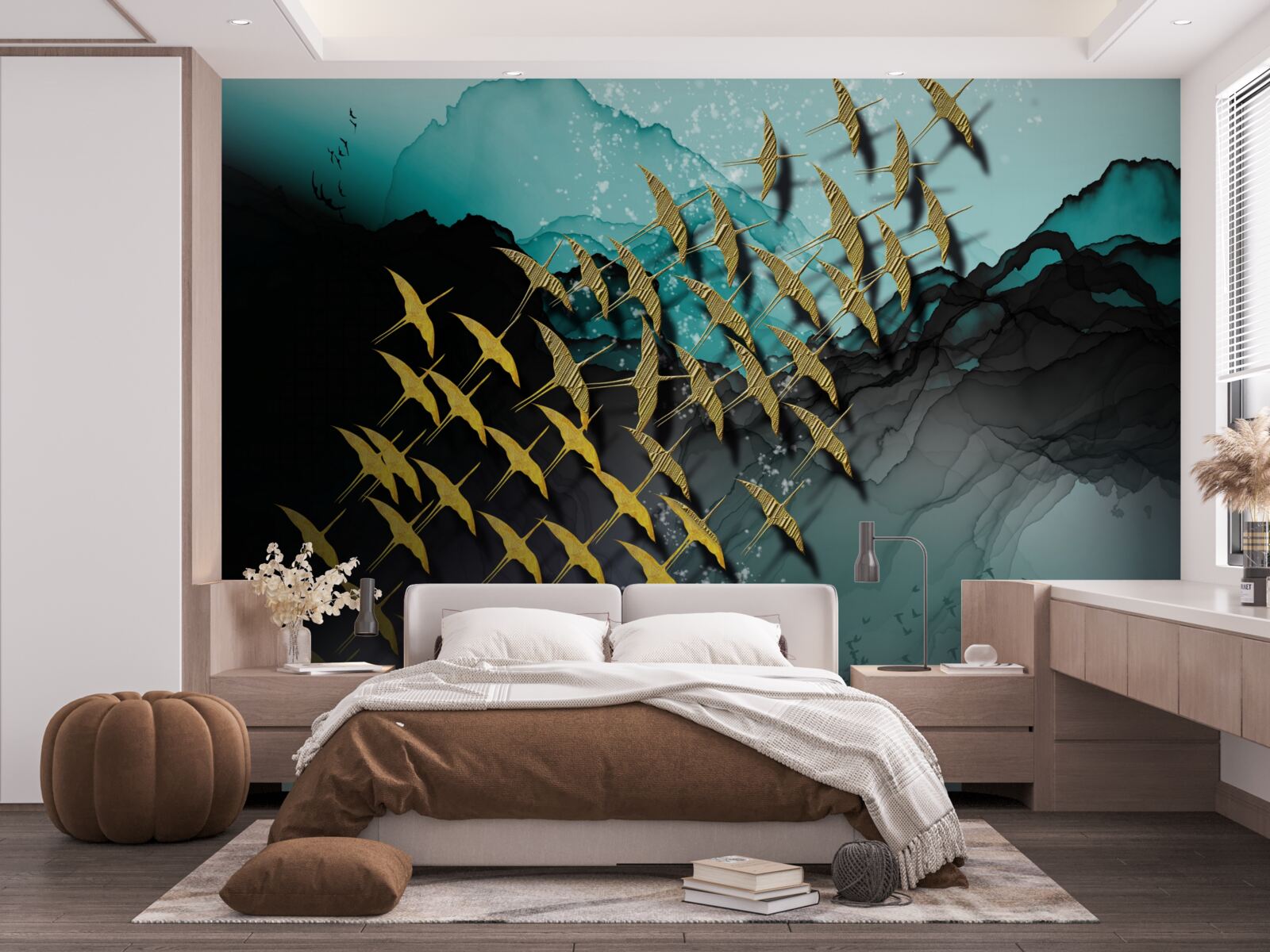 Papier peint groupe d'oiseaux volant au crépuscule