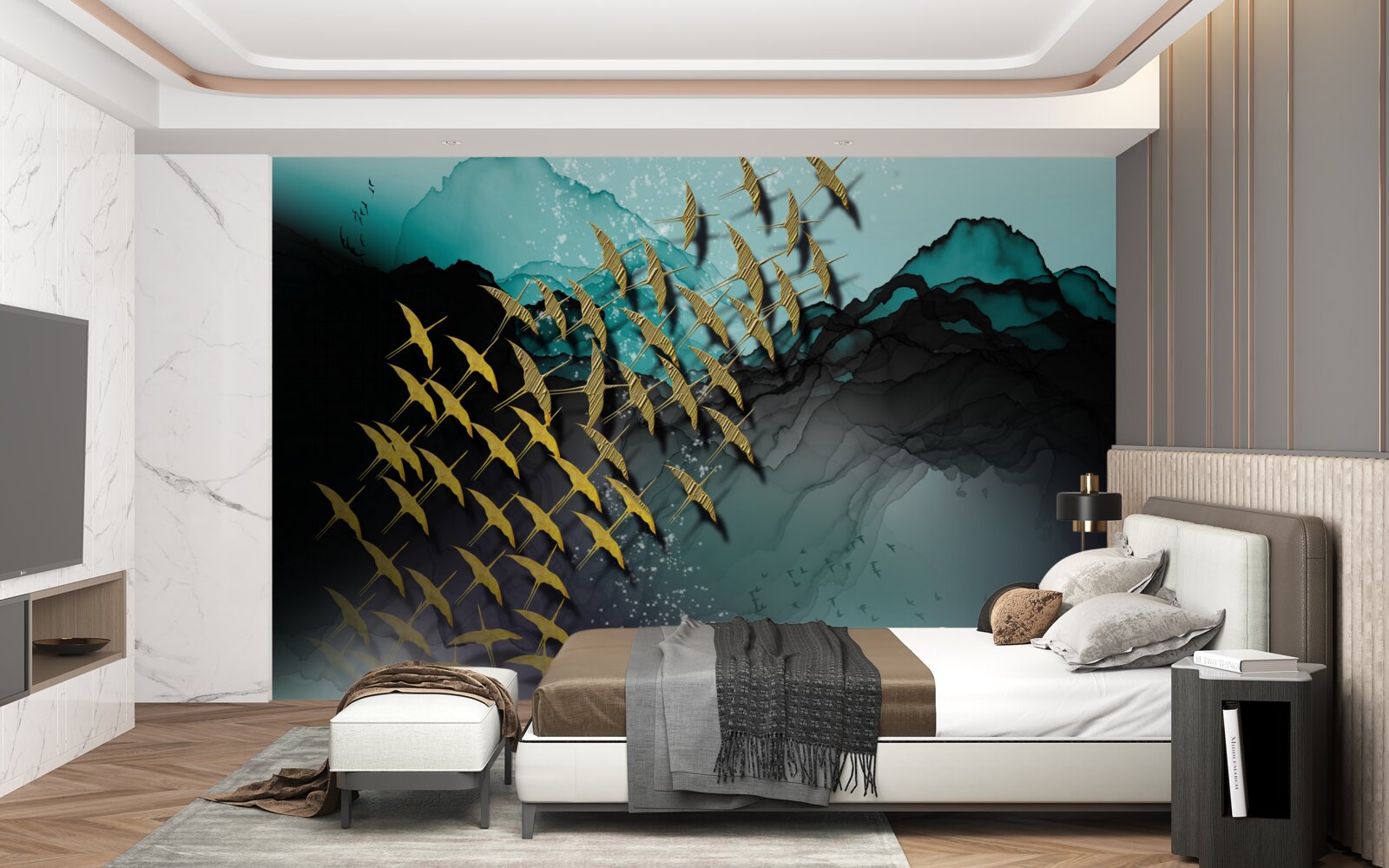 Papier peint groupe d'oiseaux volant au crépuscule