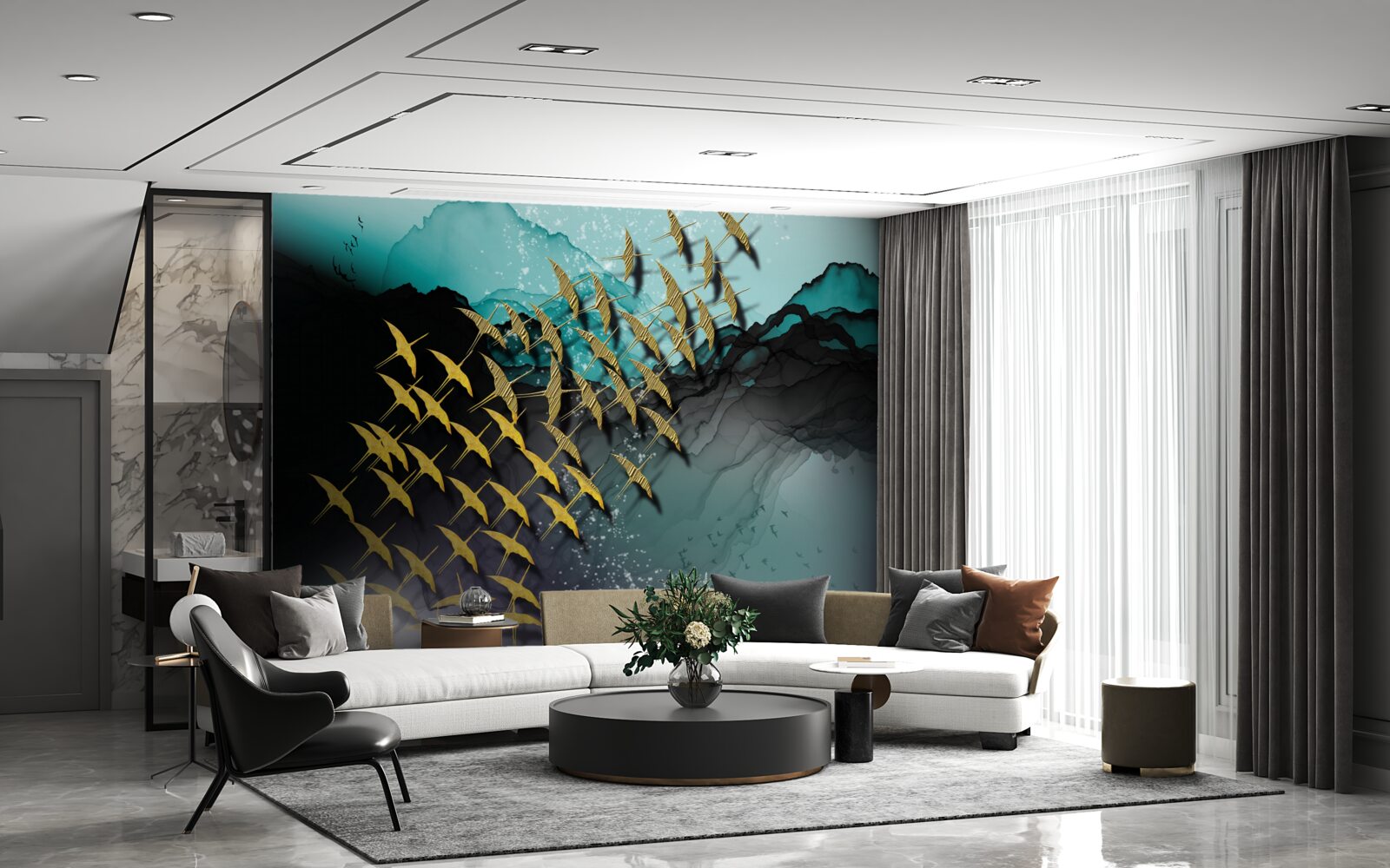 Papier peint groupe d'oiseaux volant au crépuscule