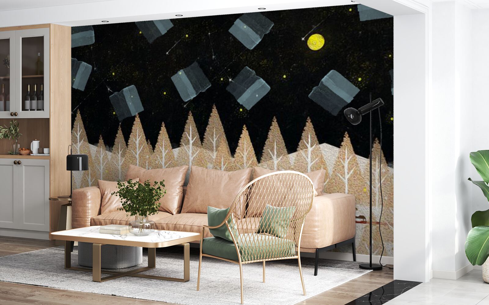 Papier peint forêt métaphysique dans l'obscurité et les étoiles brillantes