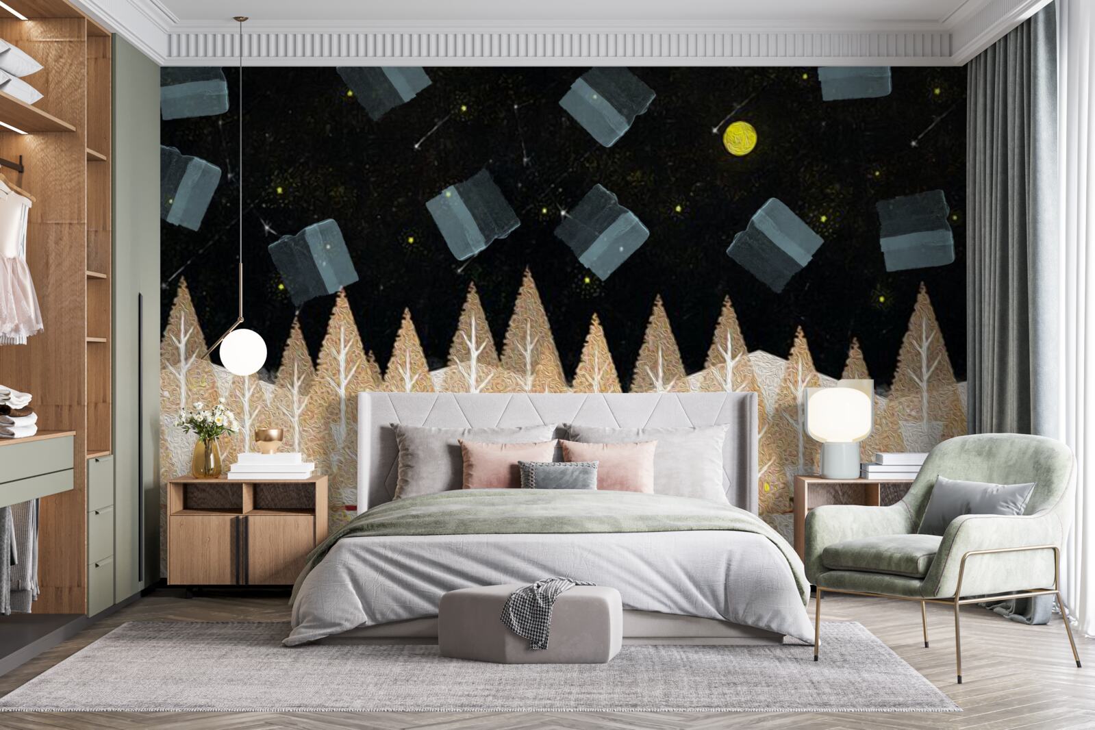 Papier peint forêt métaphysique dans l'obscurité et les étoiles brillantes