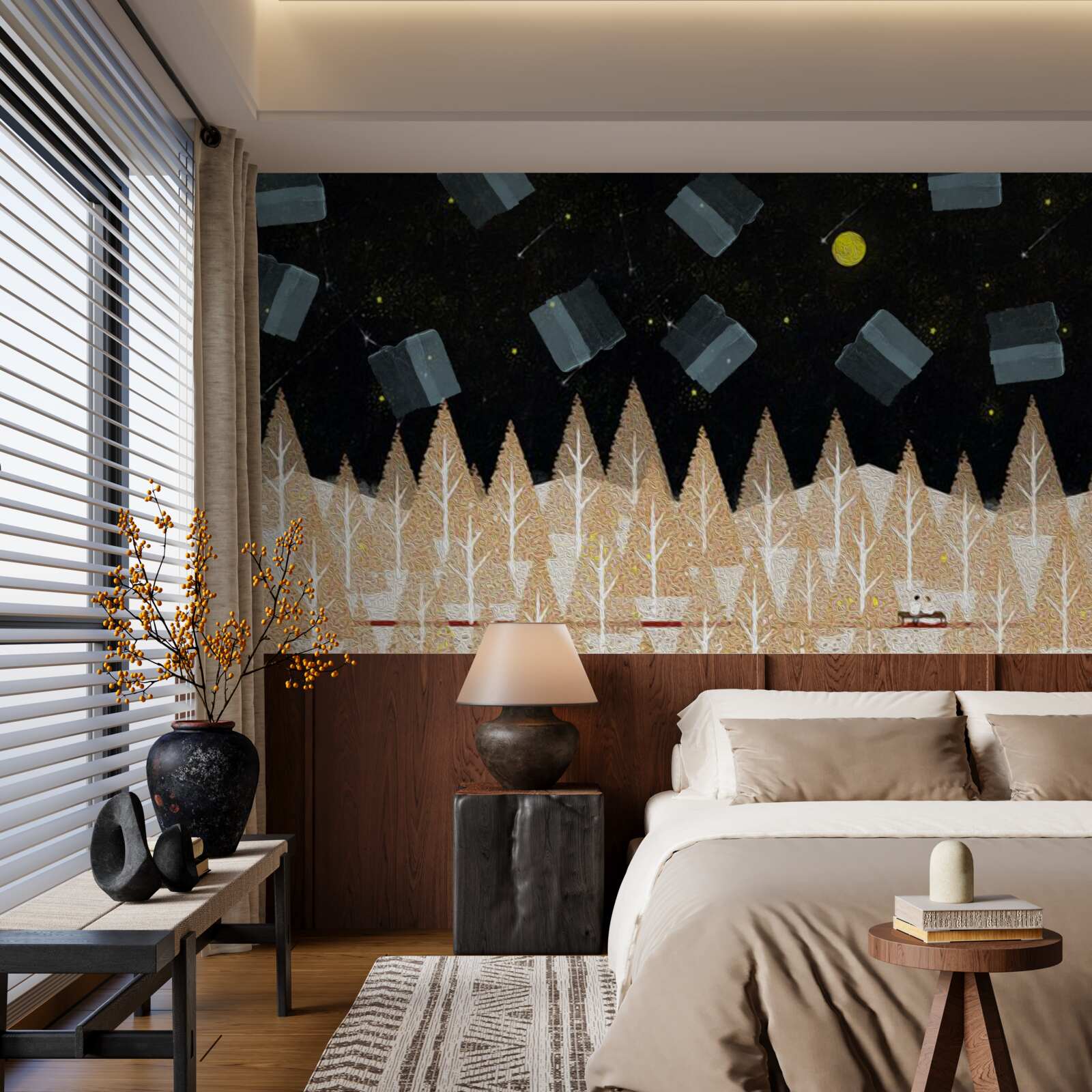 Papier peint forêt métaphysique dans l'obscurité et les étoiles brillantes