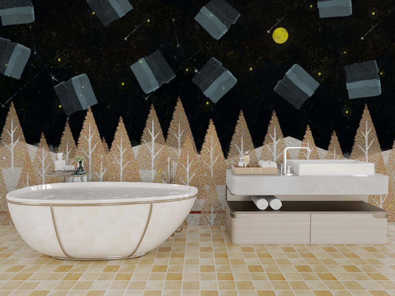 Papier peint forêt métaphysique dans l'obscurité et les étoiles brillantes