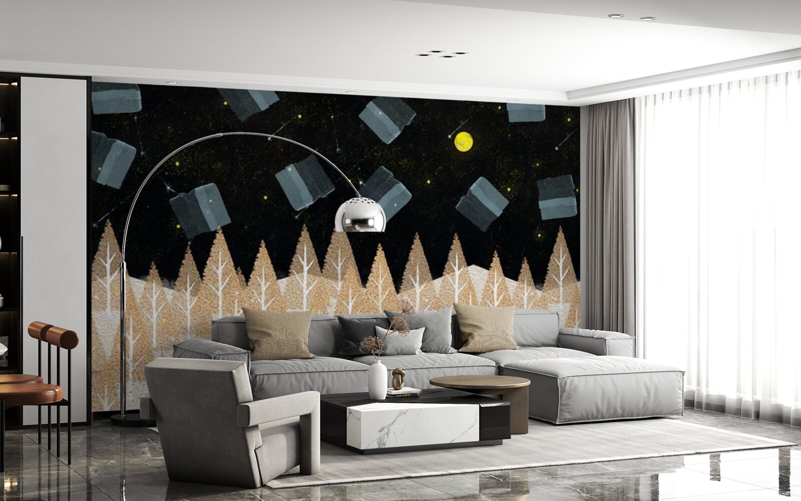 Papier peint forêt métaphysique dans l'obscurité et les étoiles brillantes