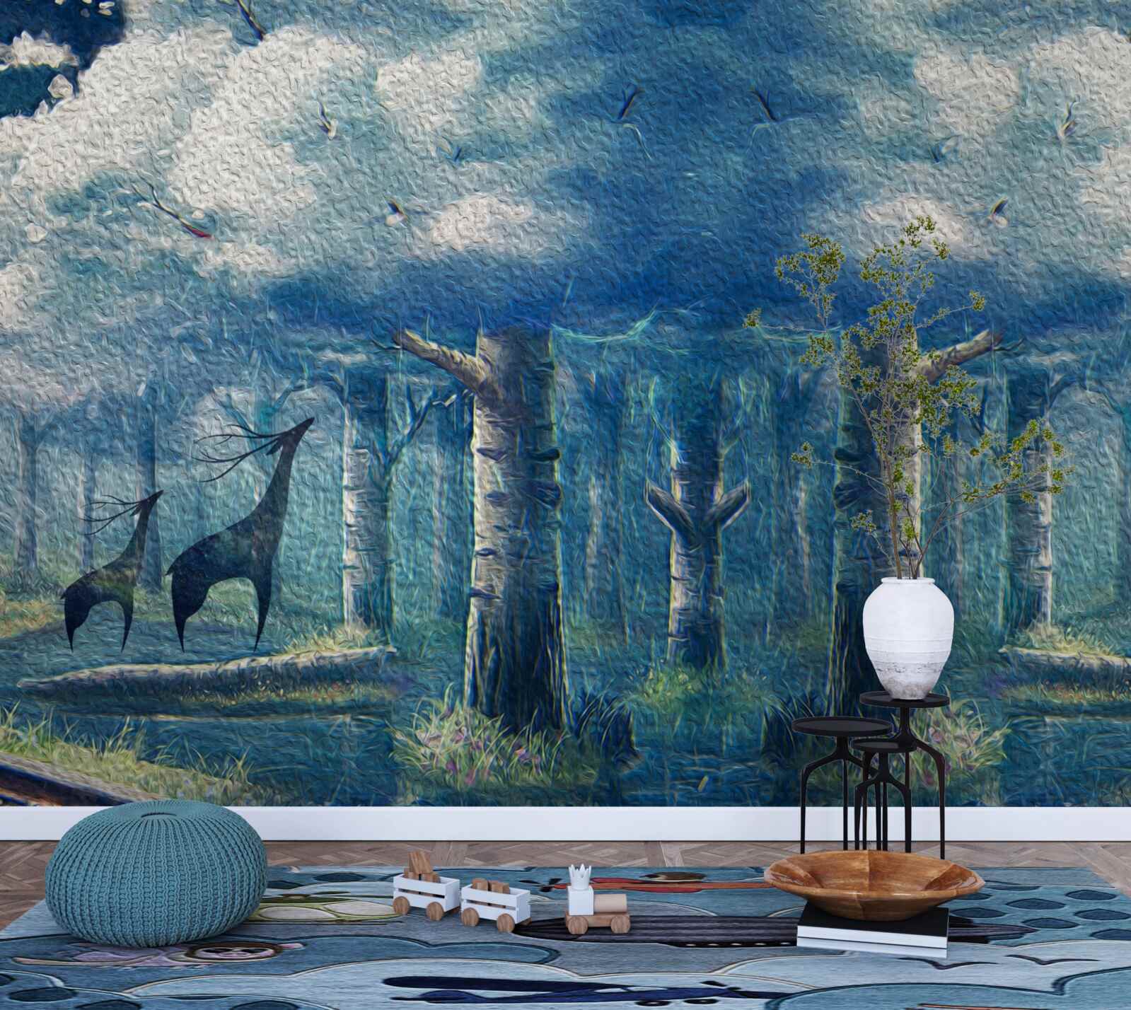 Papier peint marche d'un cerf dans une forêt froide