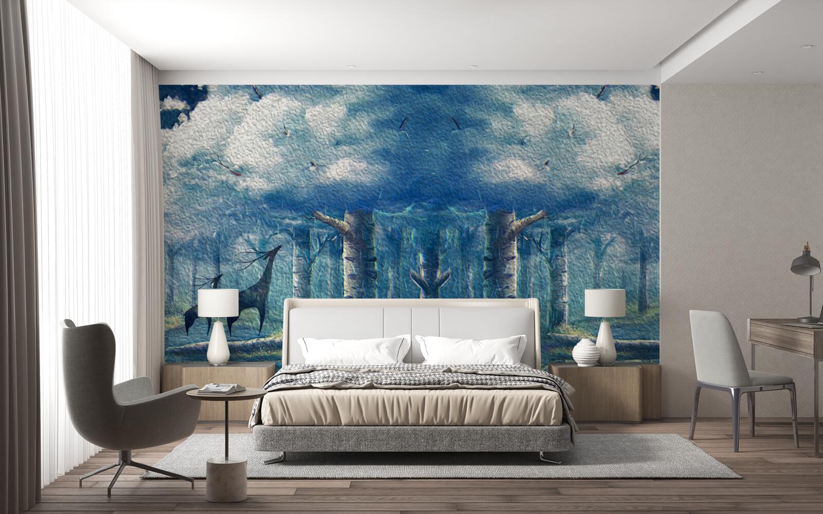 Papier peint marche d'un cerf dans une forêt froide