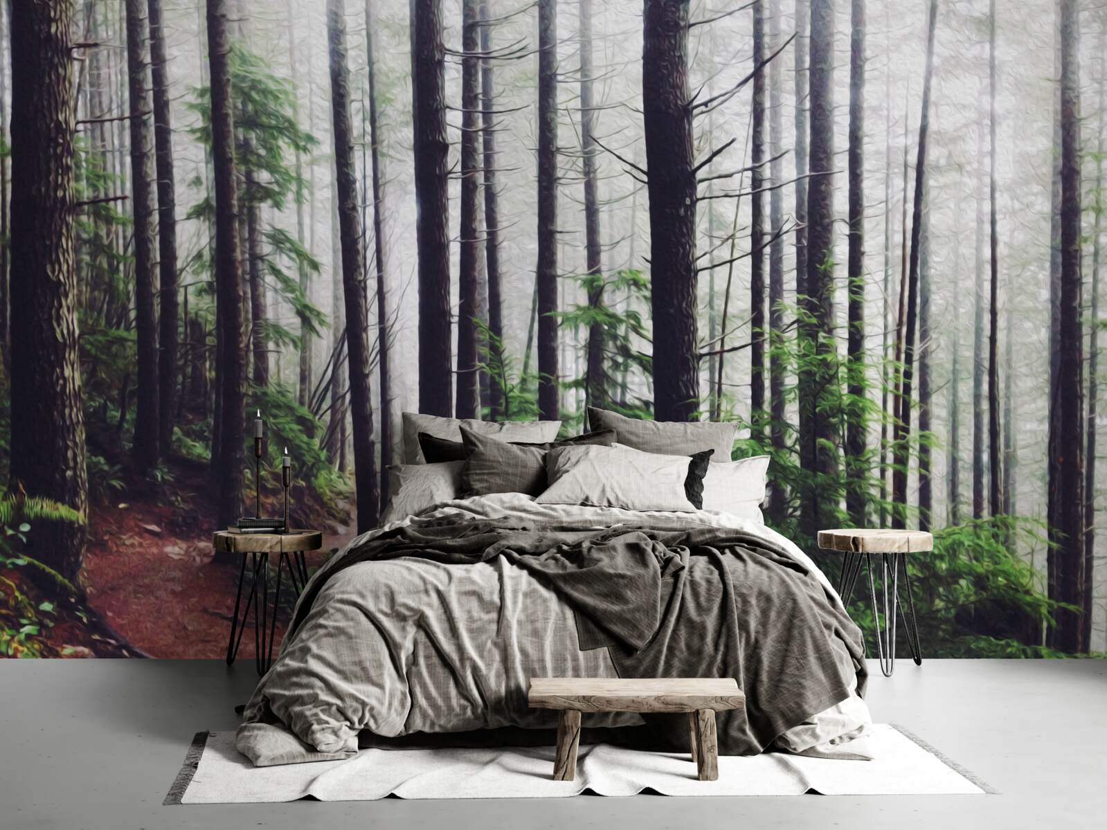 Papier peint la forêt brumeuse est pleine de grands arbres élancés