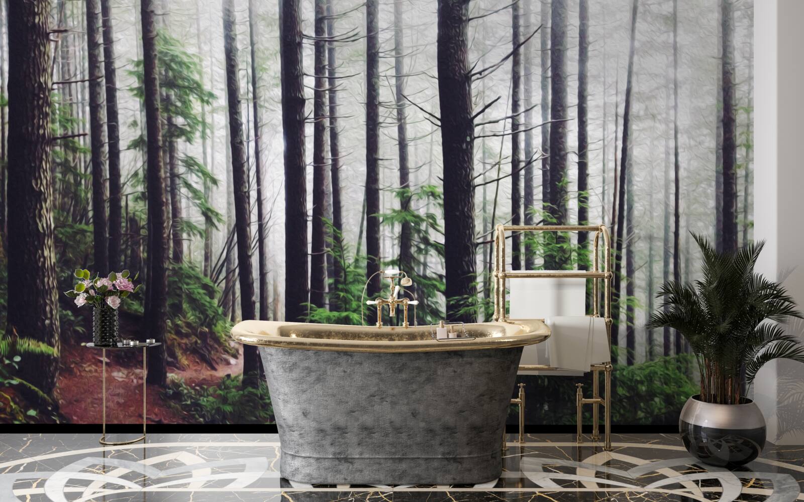 Papier peint la forêt brumeuse est pleine de grands arbres élancés