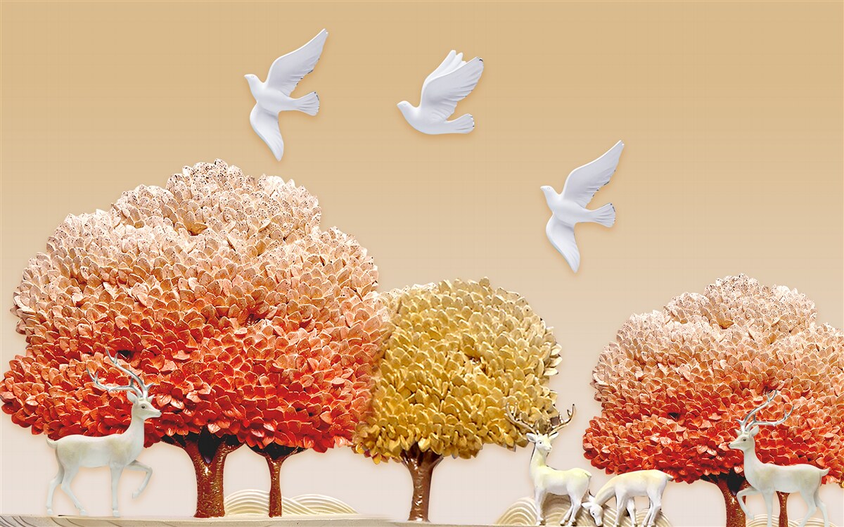 Papier peint belle forêt d'automne sous les ailes des colombes blanches