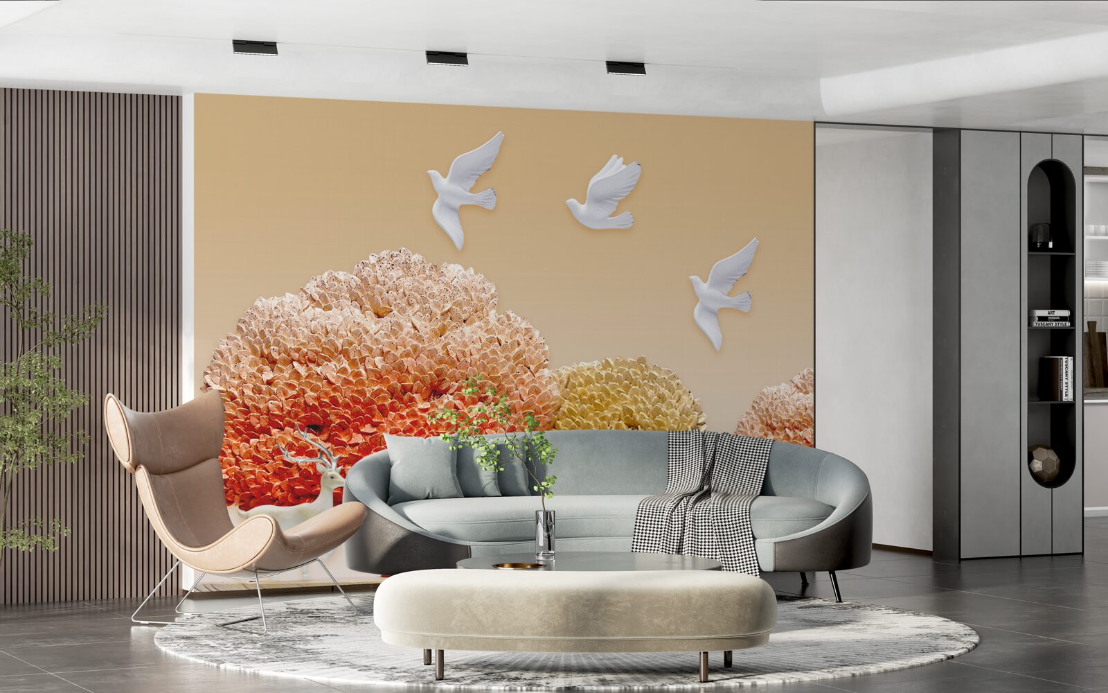 Papier peint belle forêt d'automne sous les ailes des colombes blanches