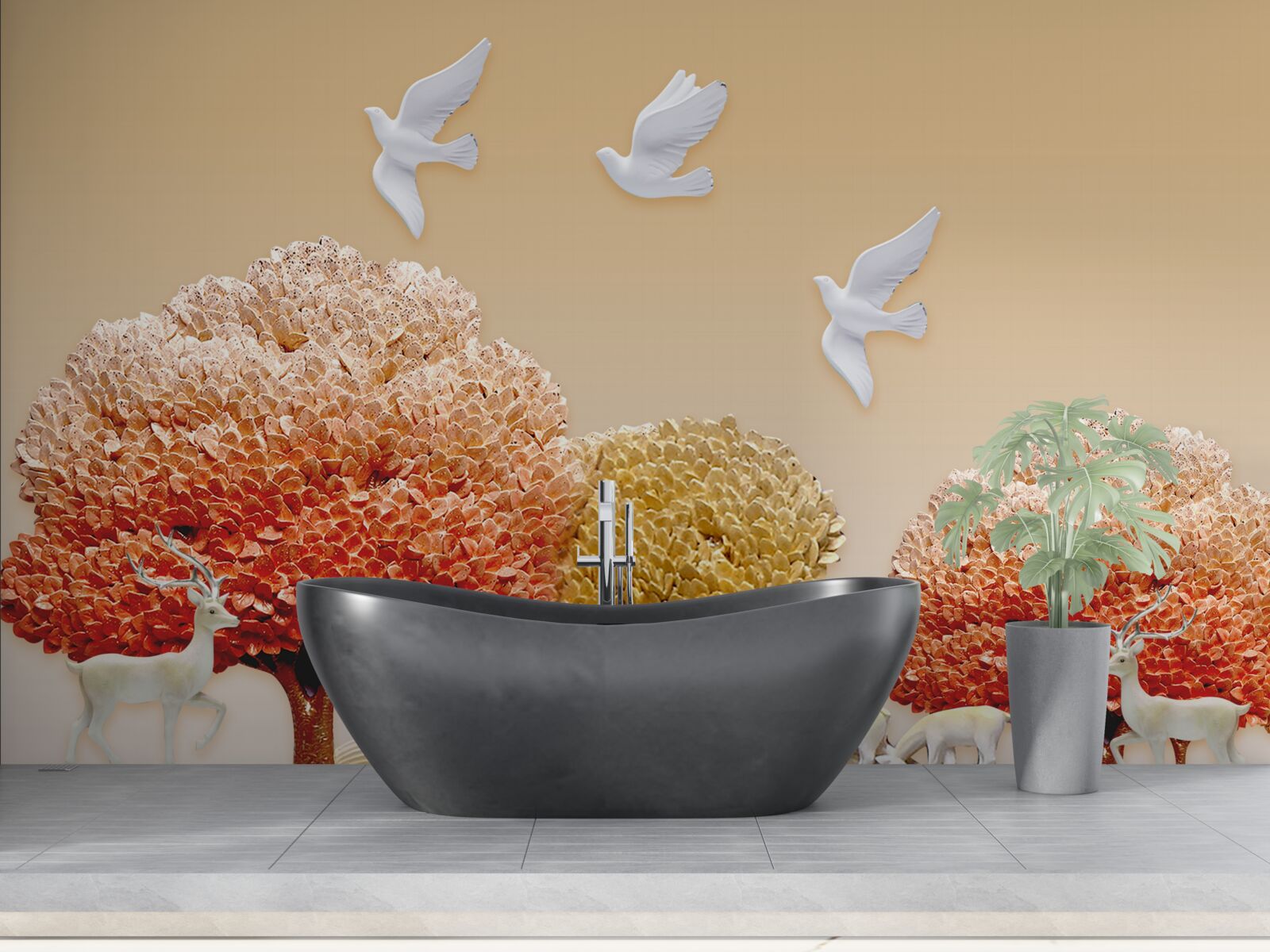 Papier peint belle forêt d'automne sous les ailes des colombes blanches