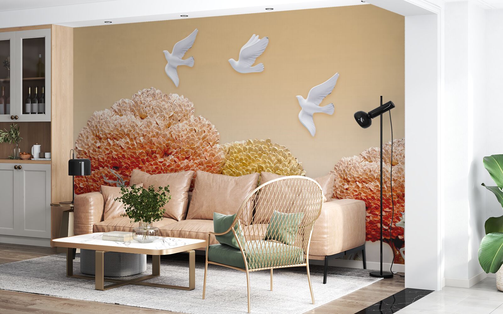 Papier peint belle forêt d'automne sous les ailes des colombes blanches