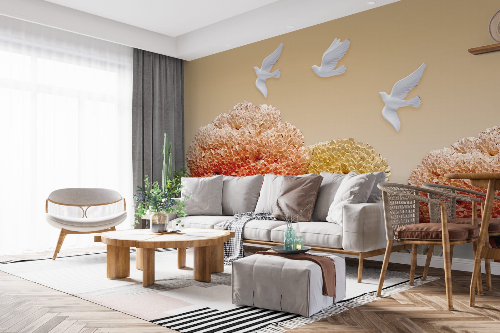 Papier peint belle forêt d'automne sous les ailes des colombes blanches