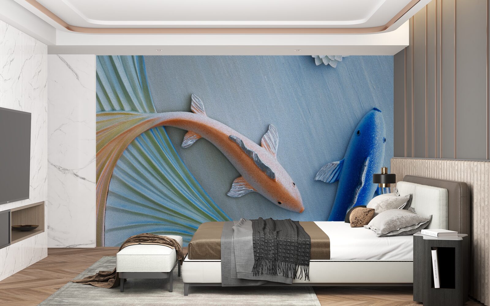 Papier peint des poissons bleus et dorés nagent dans l'eau