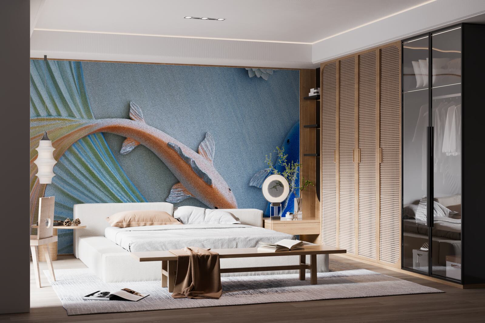 Papier peint des poissons bleus et dorés nagent dans l'eau