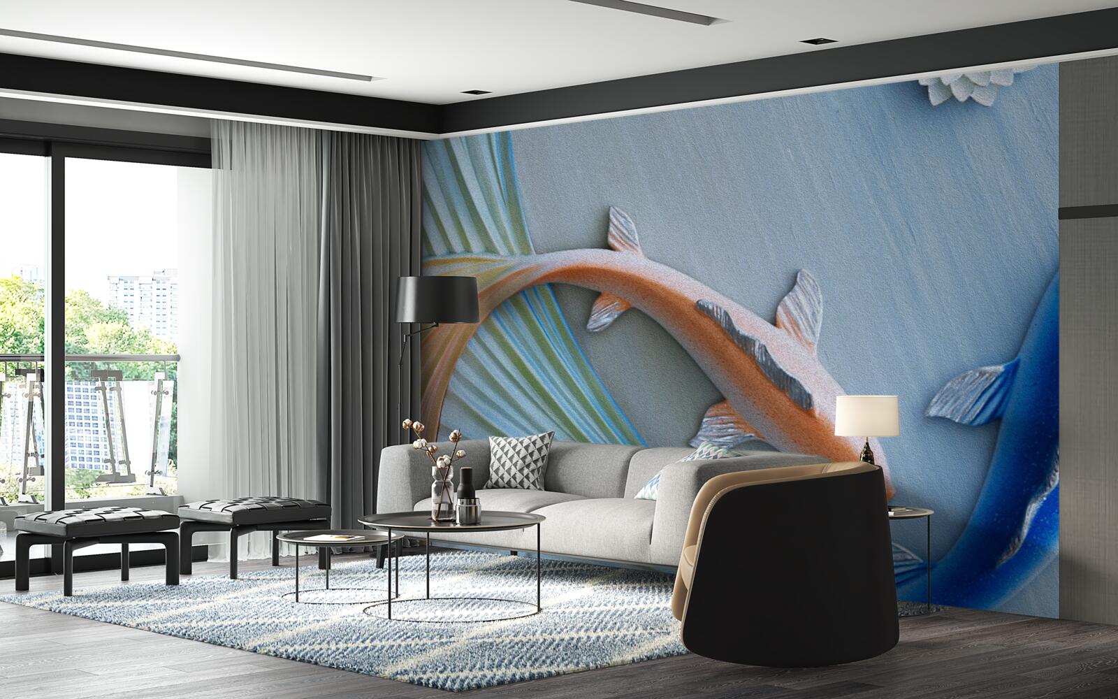 Papier peint des poissons bleus et dorés nagent dans l'eau