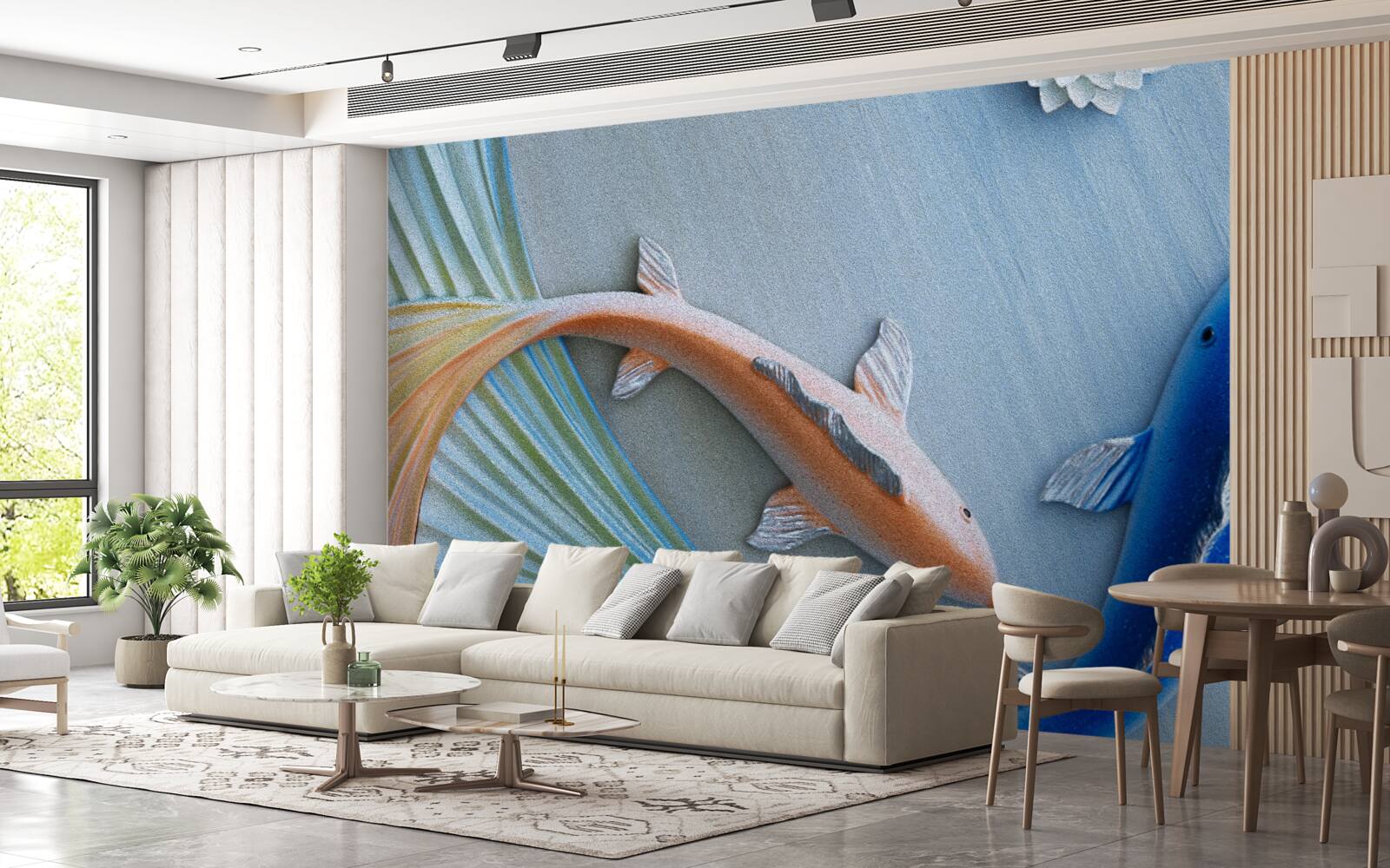 Papier peint des poissons bleus et dorés nagent dans l'eau