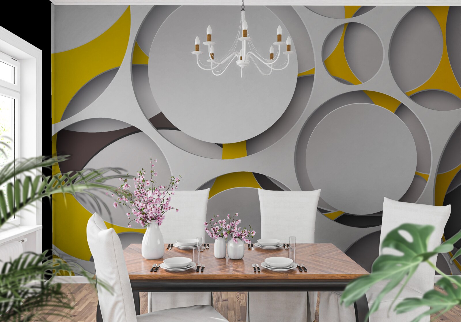 Papier peint éléments circulaires blancs sculptés dans une maille jaune