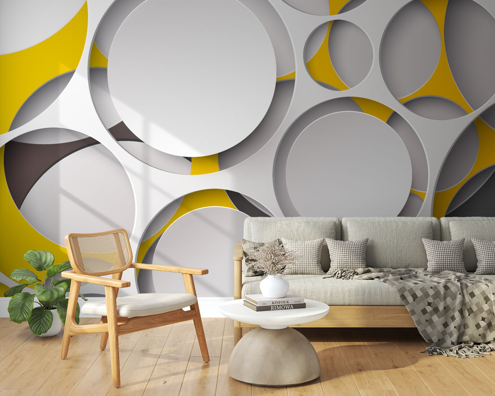 Papier peint éléments circulaires blancs sculptés dans une maille jaune