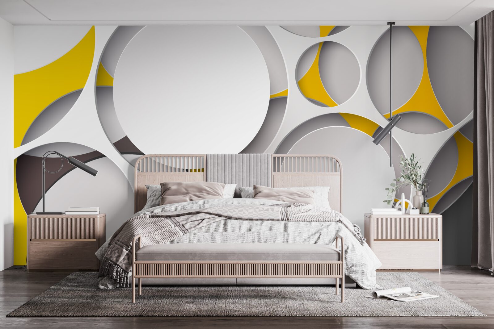 Papier peint éléments circulaires blancs sculptés dans une maille jaune