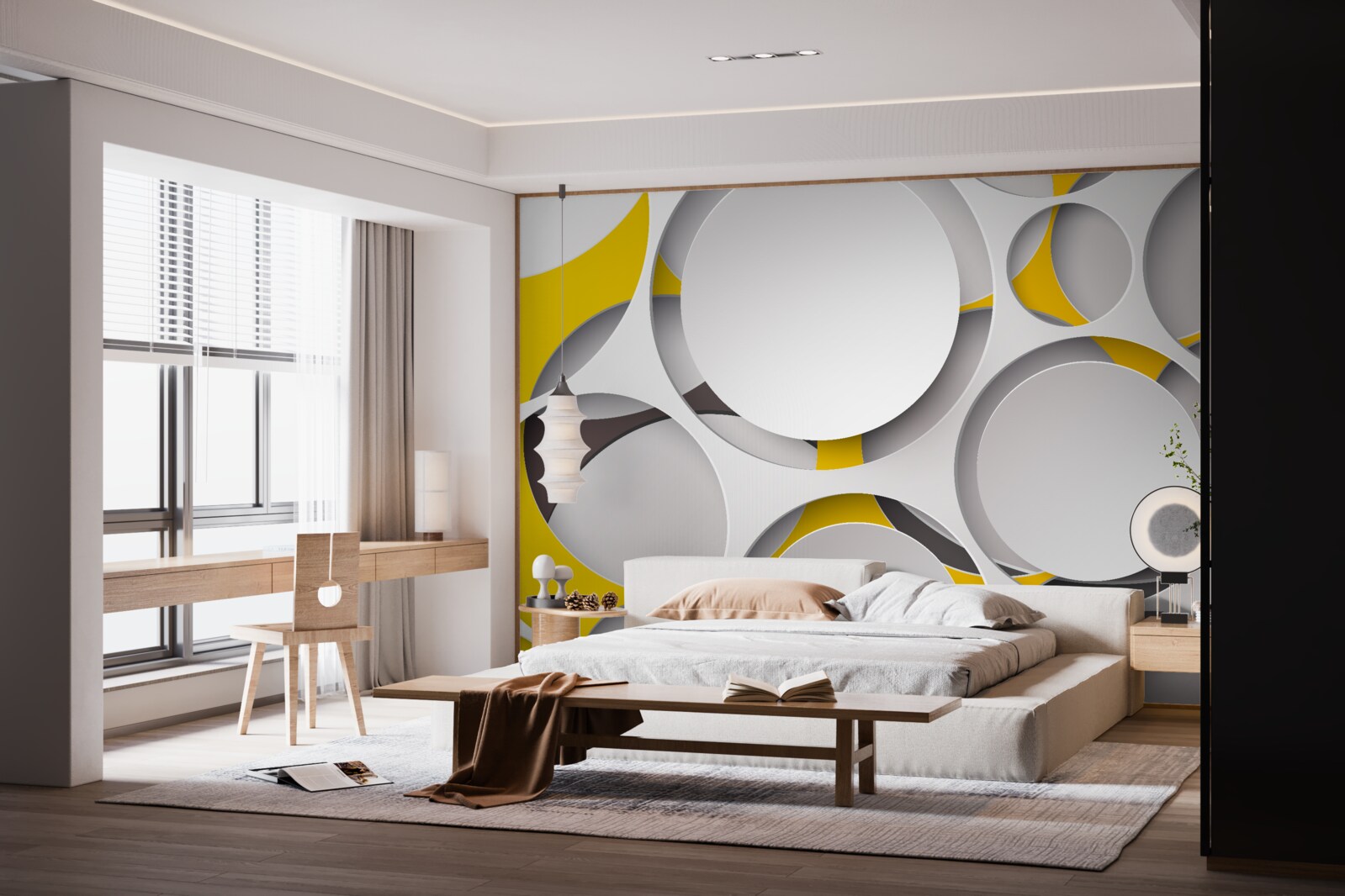 Papier peint éléments circulaires blancs sculptés dans une maille jaune