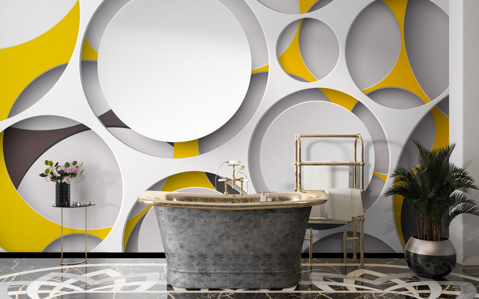 Papier peint éléments circulaires blancs sculptés dans une maille jaune