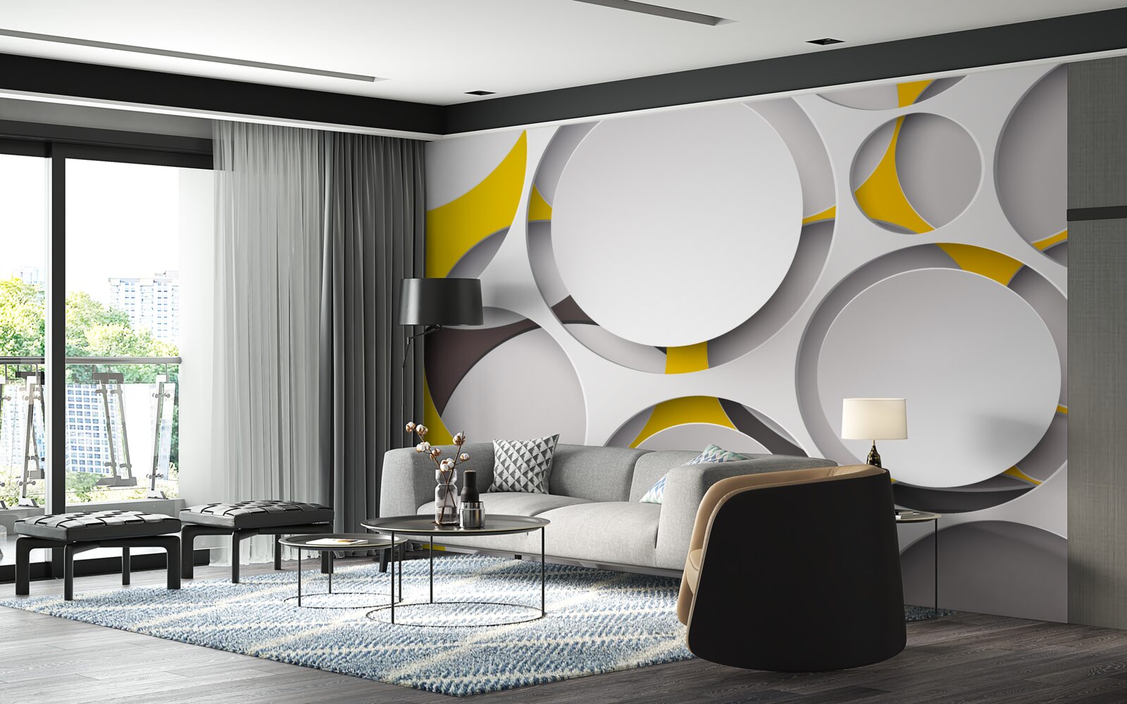 Papier peint éléments circulaires blancs sculptés dans une maille jaune