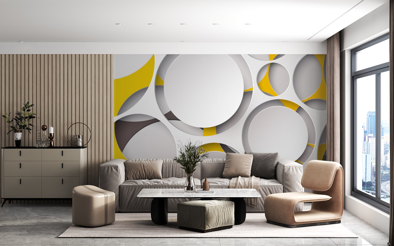 Papier peint éléments circulaires blancs sculptés dans une maille jaune