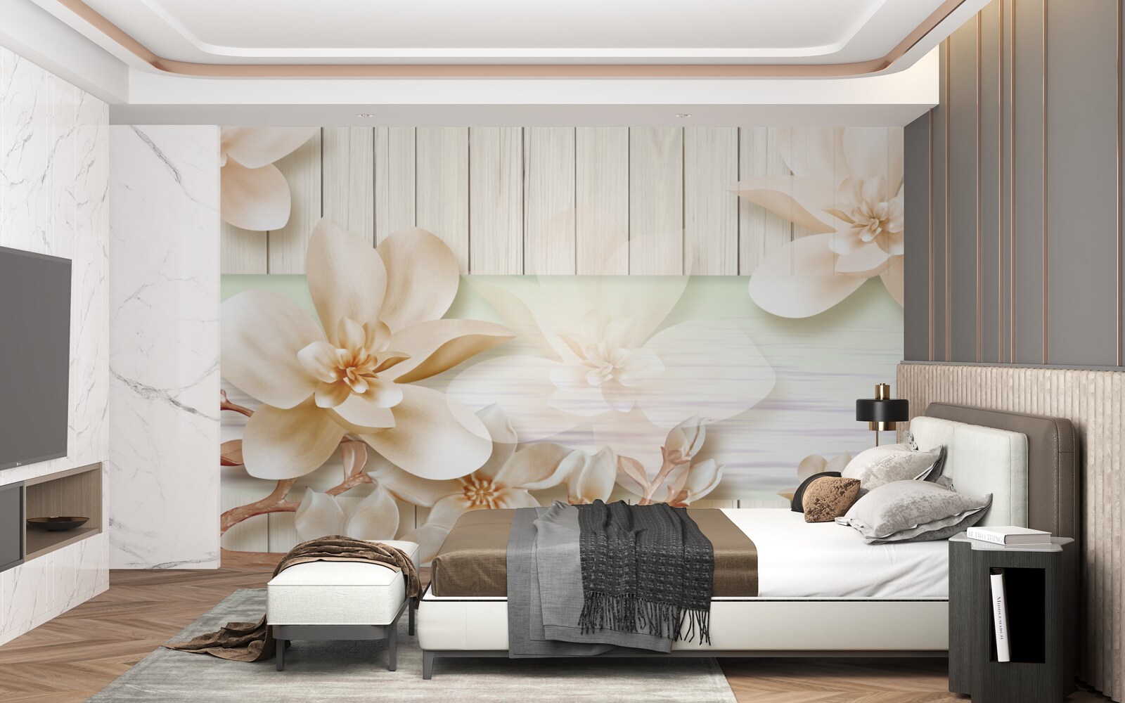 Papier peint des pêches aux beignets brillants sur une piste de danse blanche comme neige