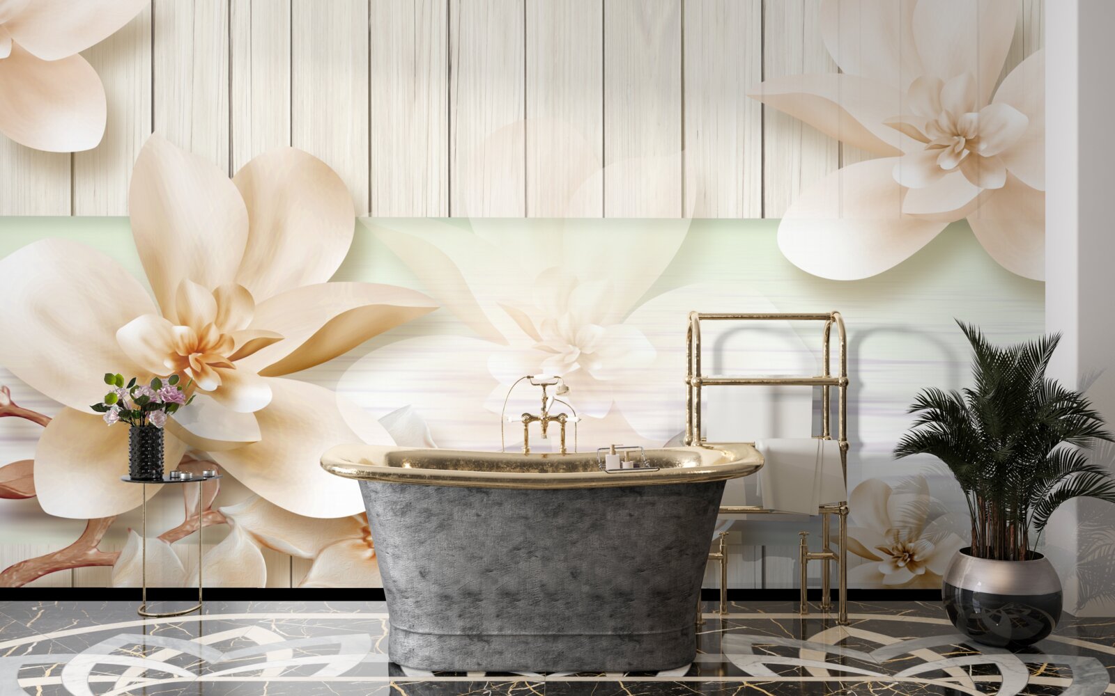 Papier peint des pêches aux beignets brillants sur une piste de danse blanche comme neige