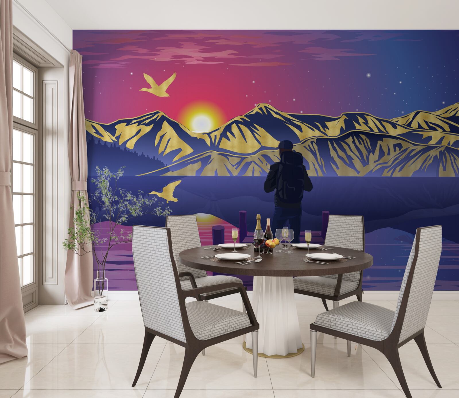 Papier peint sur le pont, le touriste rencontre l'aube