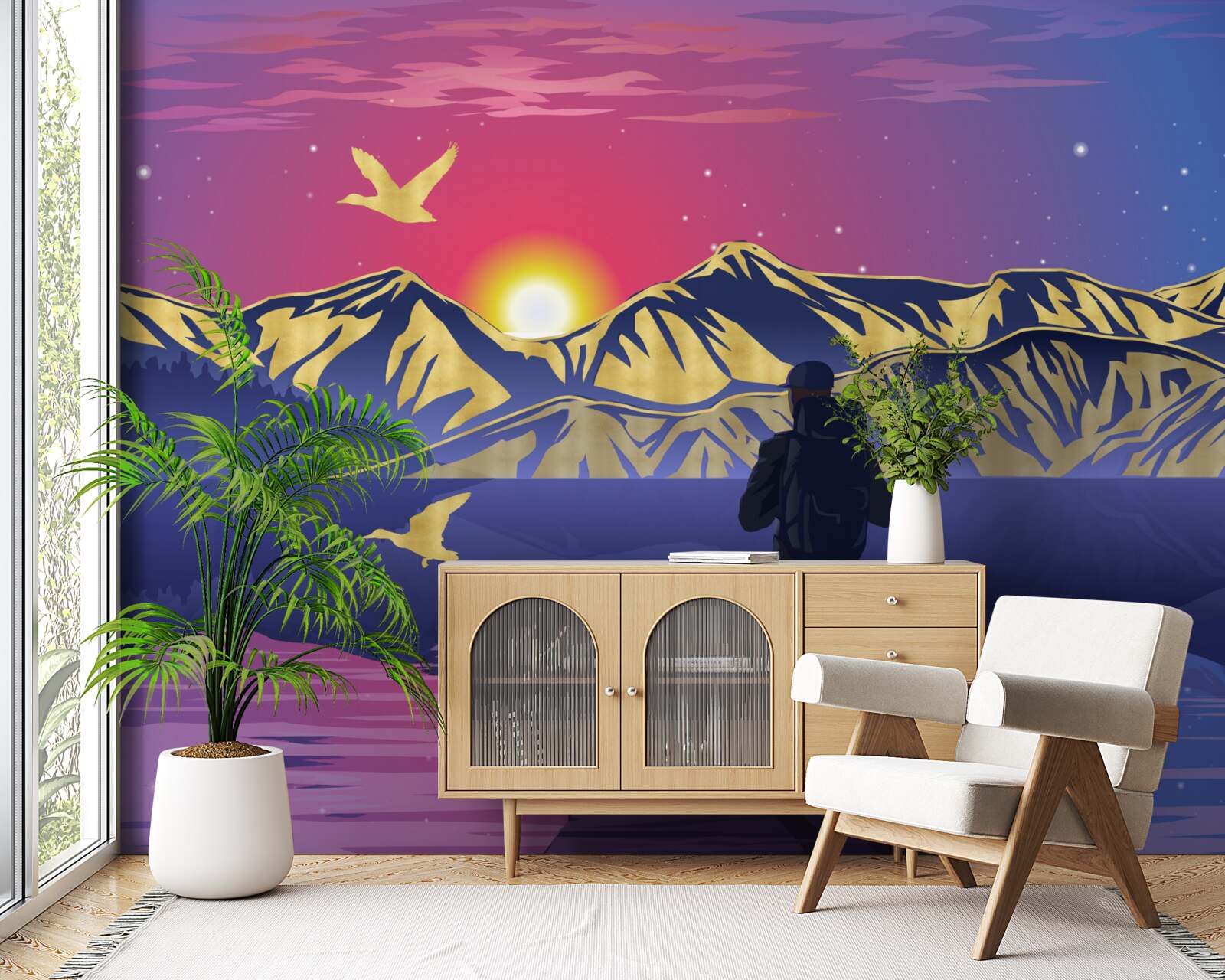 Papier peint sur le pont, le touriste rencontre l'aube