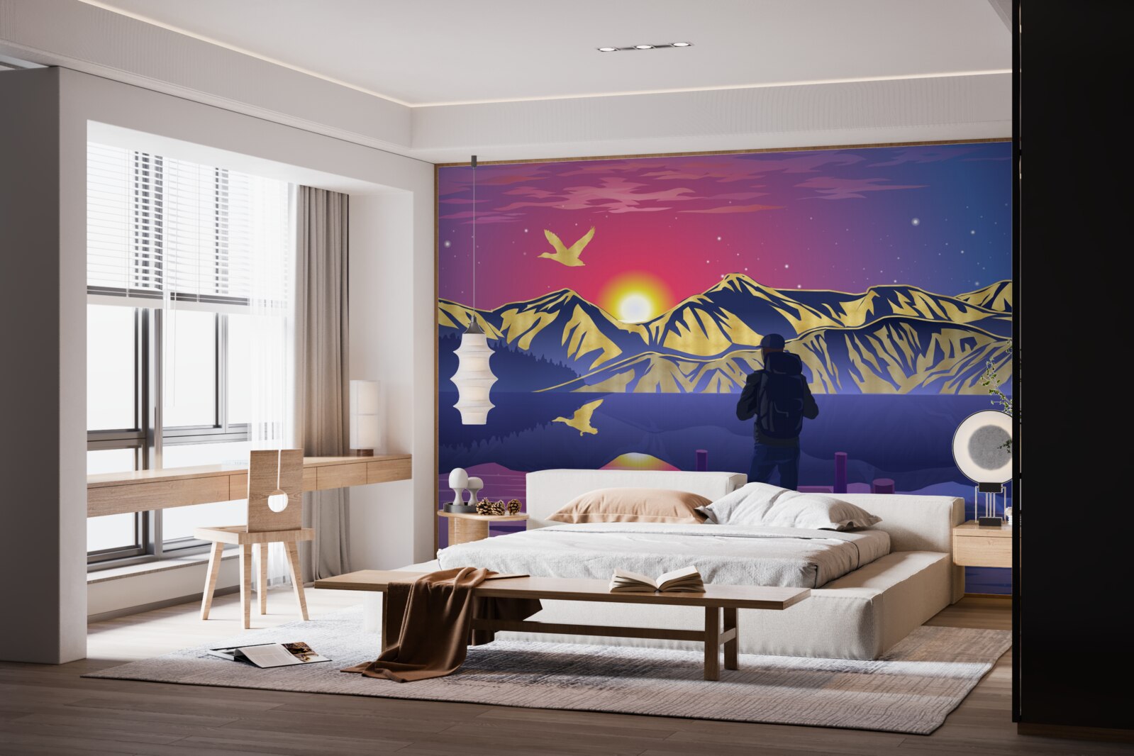 Papier peint sur le pont, le touriste rencontre l'aube