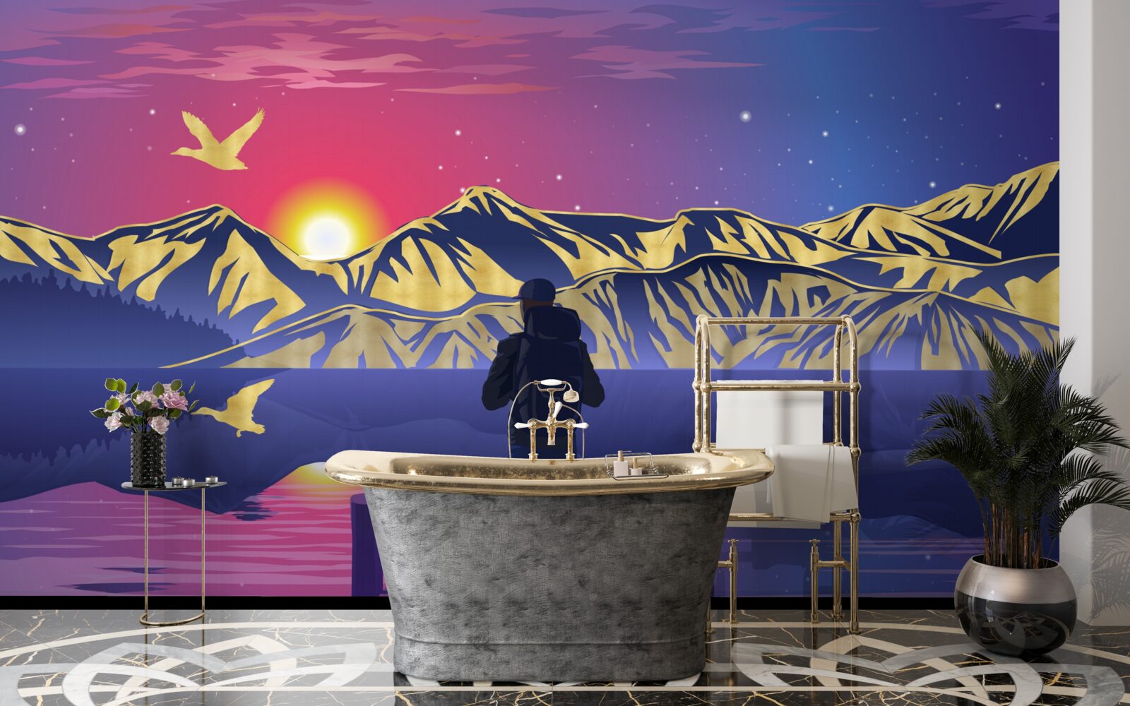 Papier peint sur le pont, le touriste rencontre l'aube