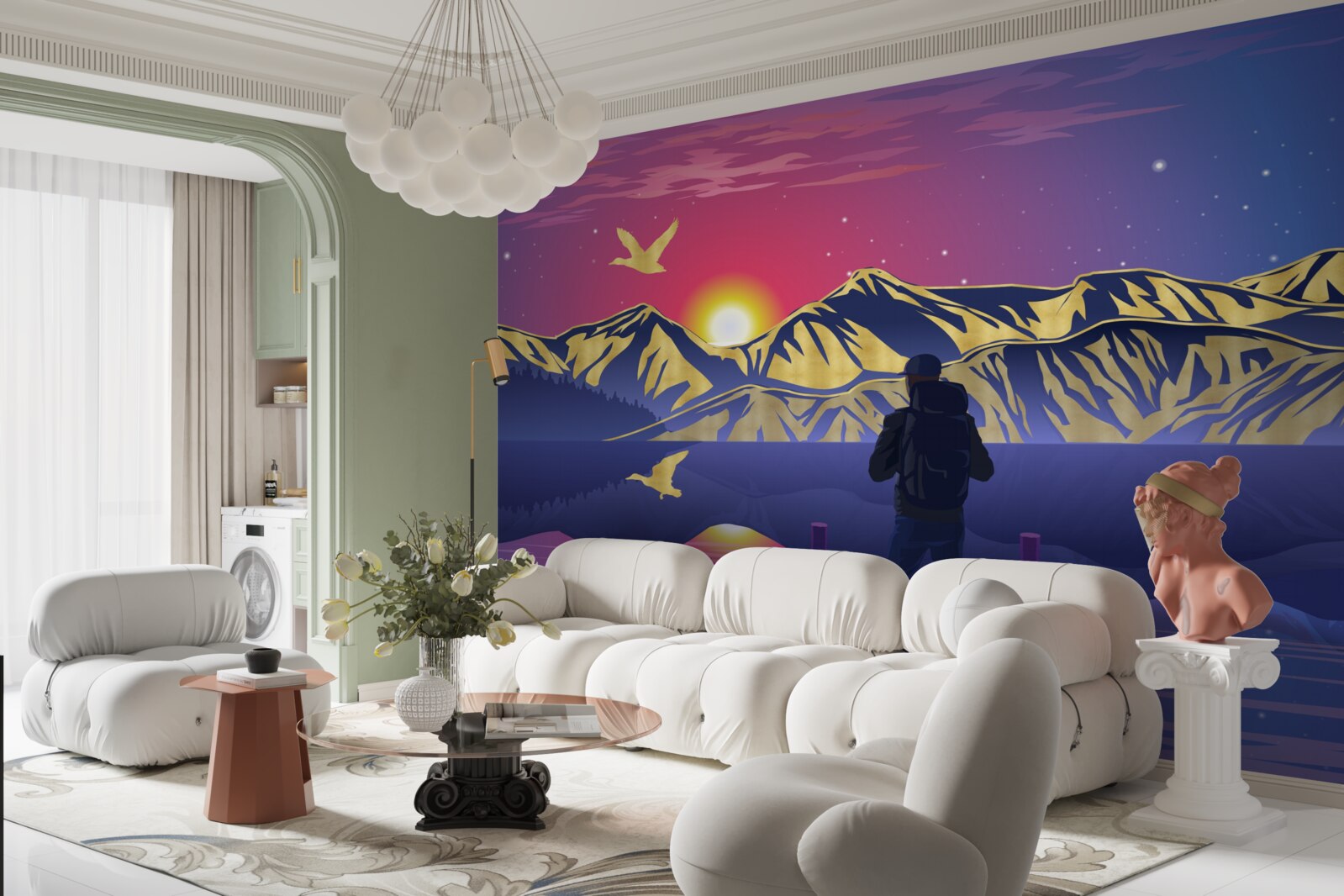 Papier peint sur le pont, le touriste rencontre l'aube