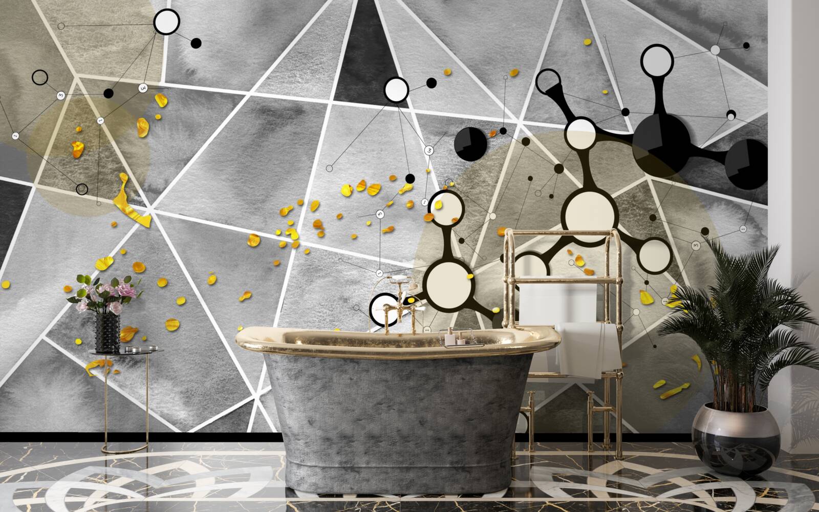 Papier peint particules d'or sur une surface de marbre gris