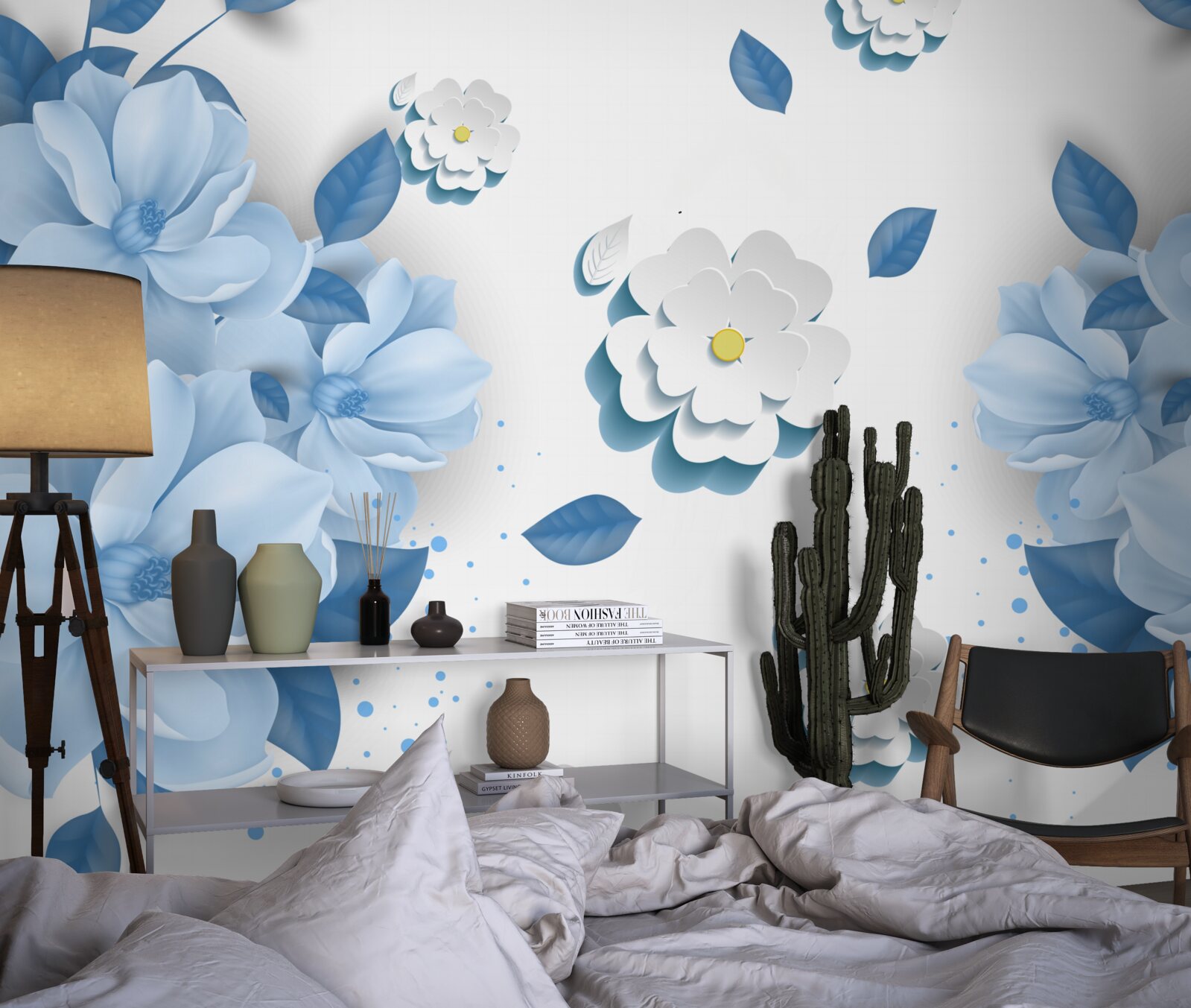 Papier peint fleurs bleues sur fond blanc neige