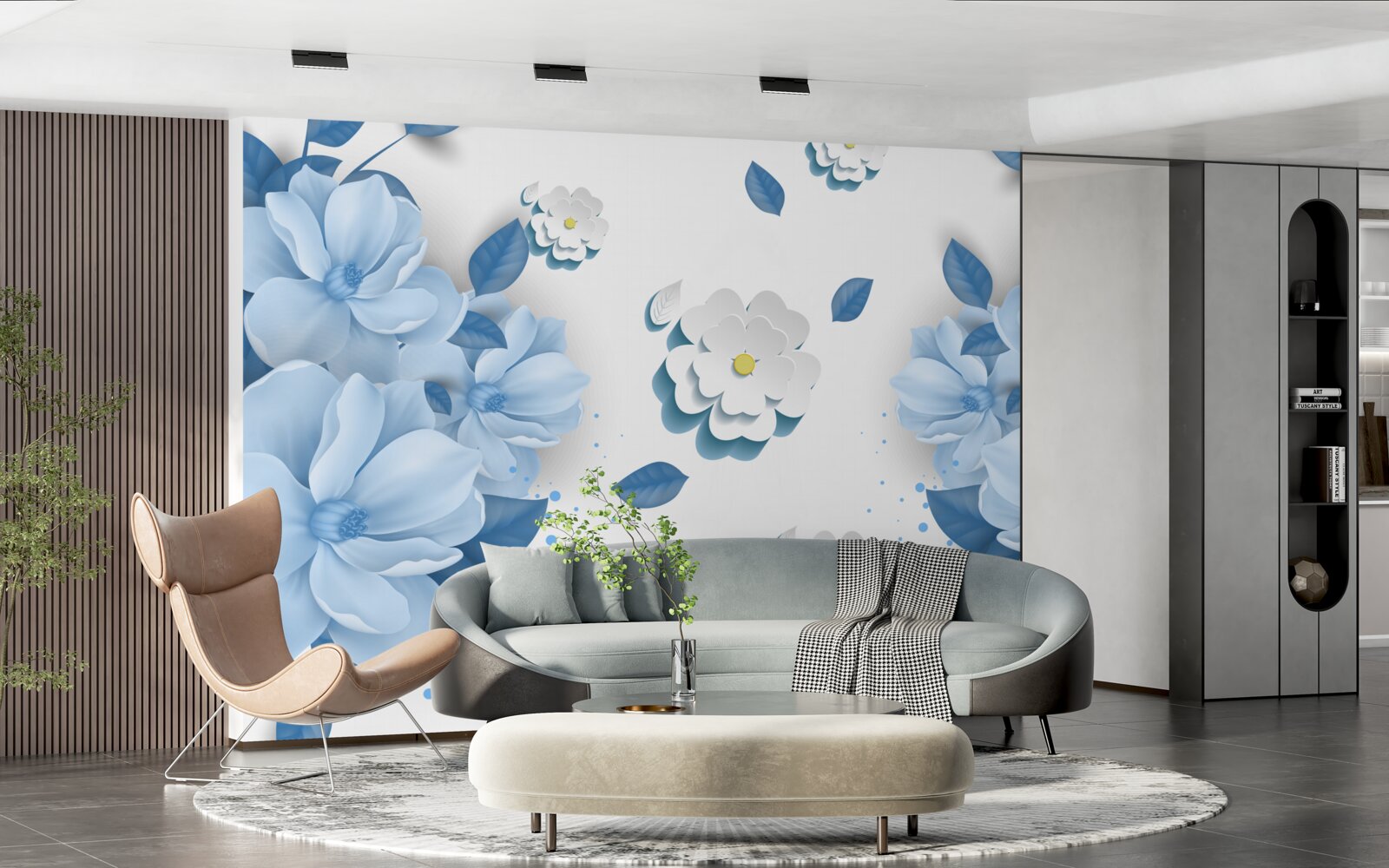 Papier peint fleurs bleues sur fond blanc neige