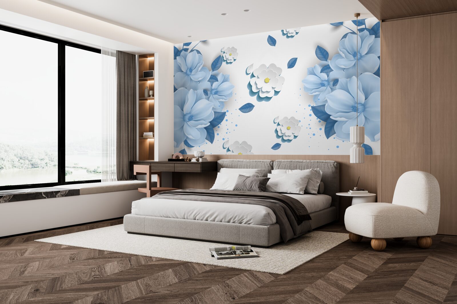 Papier peint fleurs bleues sur fond blanc neige