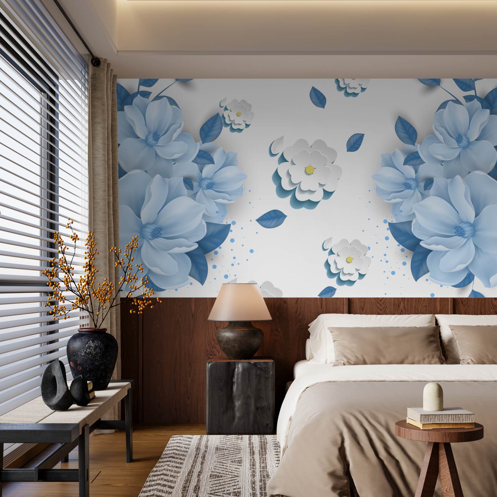 Papier peint fleurs bleues sur fond blanc neige