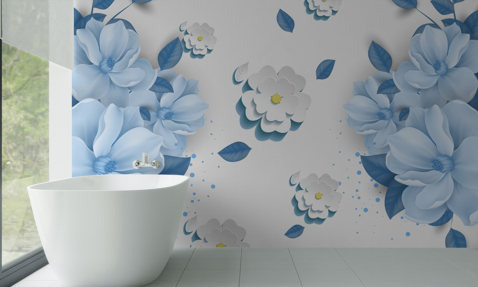 Papier peint fleurs bleues sur fond blanc neige