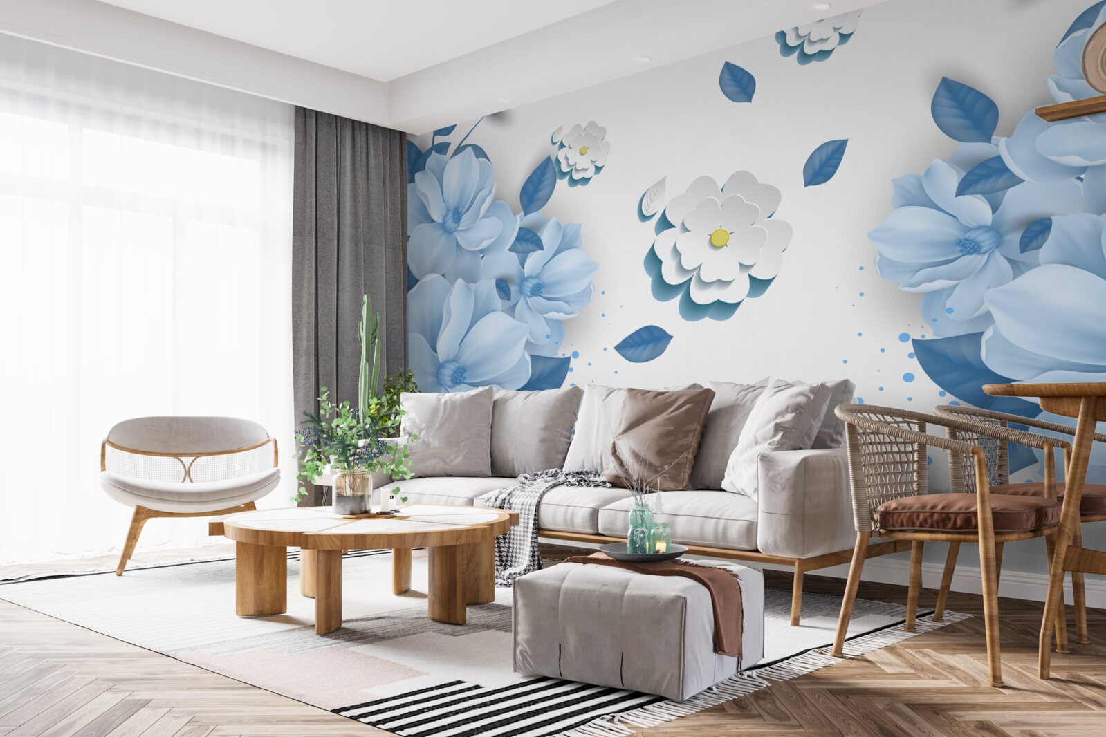 Papier peint fleurs bleues sur fond blanc neige