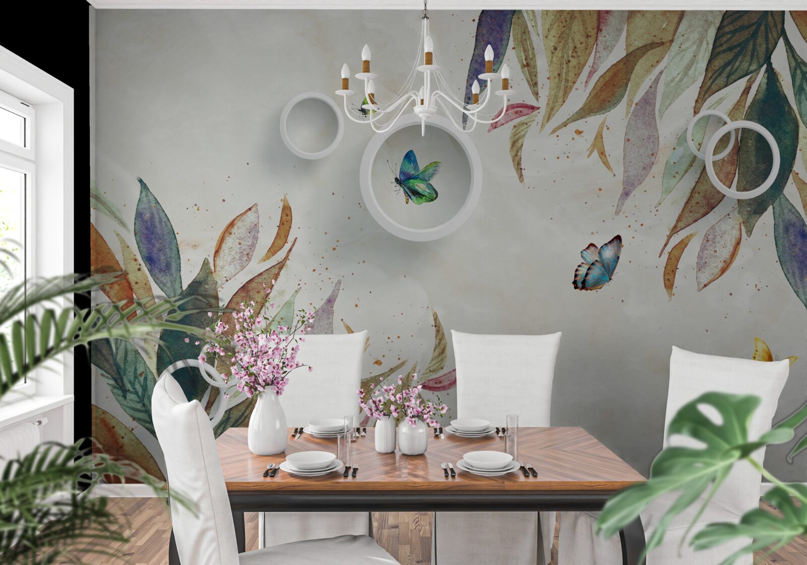 Papier peint feuilles d'automne et papillons