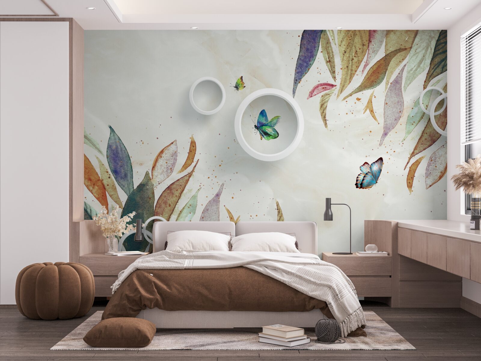 Papier peint feuilles d'automne et papillons